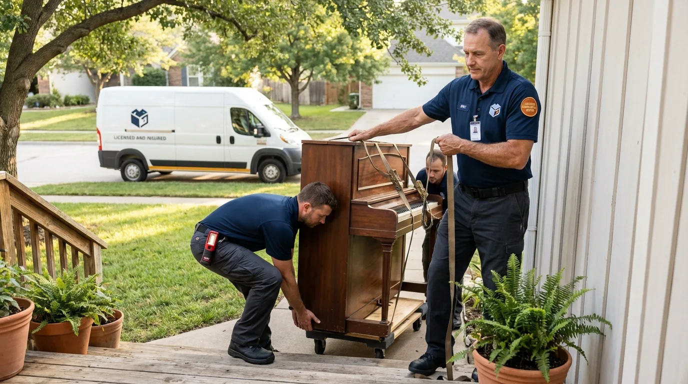 Licensed piano movers securing grand piano in Forest Ranch, CA