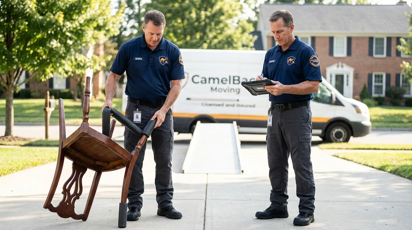 Movers inspecting furniture for damage prevention before loading in Forest Ranch, CA